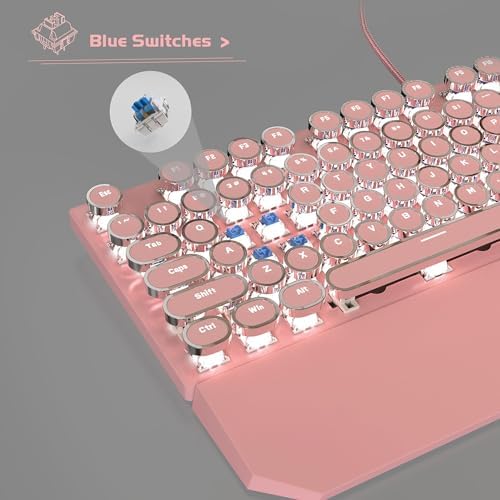 MageGee Typewriter Mechanical Gaming Keyboard, Retro Punk Pink Round Keycaps, 104 Keys LED White Backlit Wired Keyboards for Laptop MAC PC Gamer, with Magnetic Wrist Rest, Blue Switch