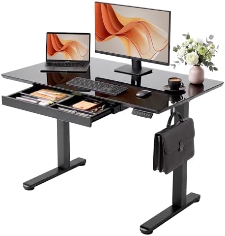 YDN Glass Standing Desk with Drawers 48x24 Inch Black