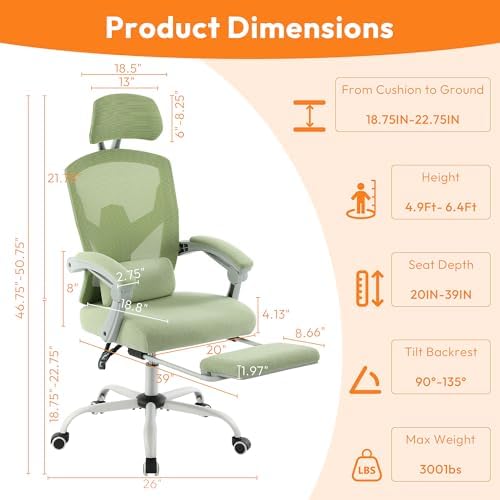 Home Office Desk Chair, Comfortable Mesh Chair with Foot Rest, Light Green