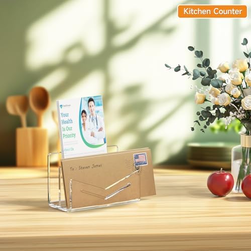 Beego Envelope and Mail Organizer Countertop - 2 Compartments Clear Acrylic Desk Organizer Letter Holder Desktop File Sorter Bill Document Folder Rack for Office, Home, School Desk Organization