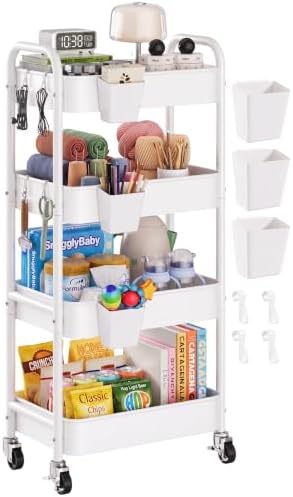 4 Tier Rolling Storage Cart Metal with Wheels, 37in Heavy Duty Roller Carts