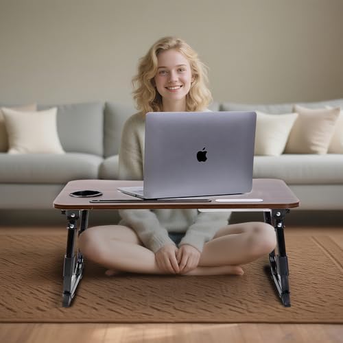Laptop Desk for Bed, Height Adjustable Laptop Bed Table, Foldable Portable Lap Desk Stand with USB/Storage Drawer/Cup Holder/Slot, Breakfast Tray for Working Reading Writing Eating