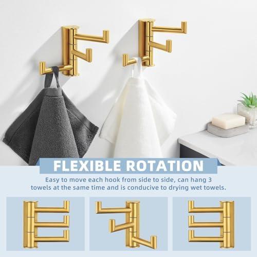 Suyar Brushed Gold Towel Hook, Bathroom Swivel Coat Robe Holder with 3 Arms