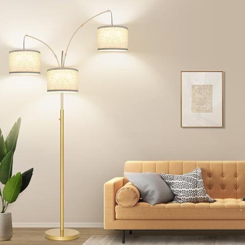 Dimmable Floor Lamp, 3 Lights Gold Arc Floor Lamp, Modern Tall Standing Tree Lamp with White Linen Shades & Heavy Base, 3000LM LED Bulbs, Bright Lighting for Living Room, Bedroom, Office & Reading