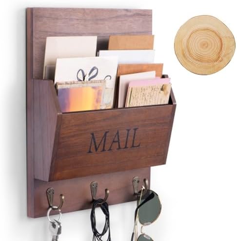 DLQuarts Solid Wood Mail Organizer with Key Holder for Wall, Mail Sorter Wall Mounted, Decorative Wooden Key and Mail Holder with 3 Hooks, Dark Brown