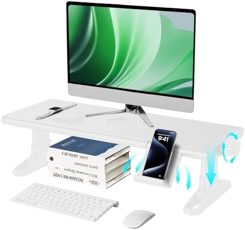 Computer Monitor Stand Riser for Desk,4.4-5.7 Inches Freely Height Adjustable with Cellphone Holder,Multi-Purpose Desktop Organizer Monitor Stands Riser for Computer,Laptop,Printer,TV (White)