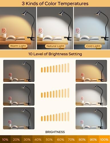 LiFMIRA Clip on Light USB Reading Light Desk Lamp 3 Color Modes Black