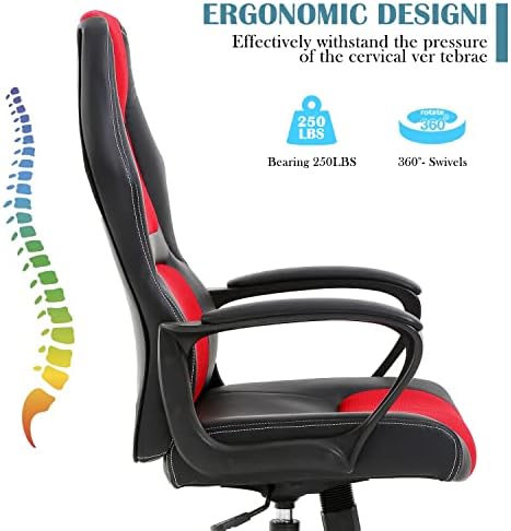 Red Gaming Chair for Kids, Ergonomic Office Chair Computer Chair with Adjustable High Back & Armrest, PU Leather Gamer Chair with 360°Swivel, Heavy Duty Gaming Chairs for Adults, Teens