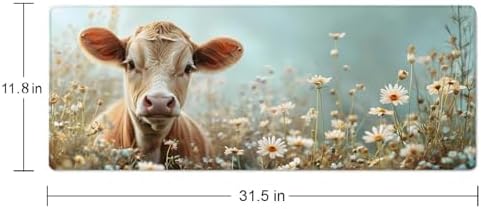 Flower and Little Cow XL Mouse Pad,Large Mouse Pad Gaming 31.5 x 11.8 in Mouse Mat Desk Pad,Extended Keyboard Mousepad Large Desk Mat with Non-Slip Rubber Base and Stitched Edge for Home Office