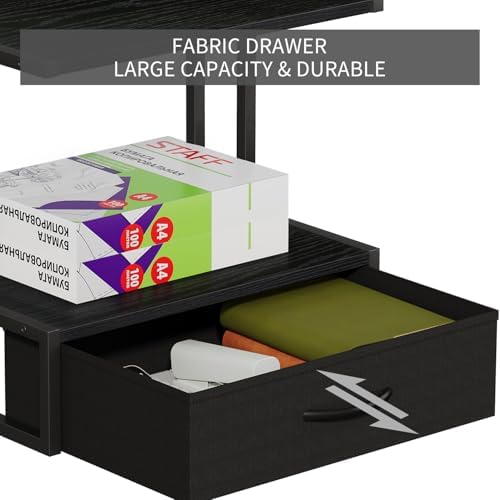 Printer Stand with Storage for Desk, with Fabric Drawer Desktop Printer Stand Shelf Organzier for Home Office, for Above and Under Desk Printer Table, Fax Machine Copier Scanner, Black