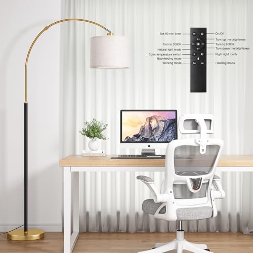 Ambimall Dimmable Arc Floor Lamp with Remote, Color Temperatures and Brightness Adjustable, Arched Floor Lamp with Rotating Head, Over Couch Arched Reading Light for Living Room (Black and Gold)