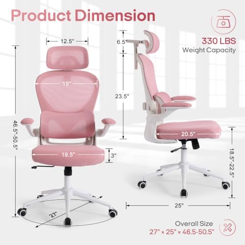 LuxErgo Ergonomic Office Chair, High Back Home Office Chair with 4D Adjustable Headrest & Lumbar Support, 330lbs Capacity Mesh Desk Chairs with Flip-Up Arms, Comfortable Computer Chairs, Pink