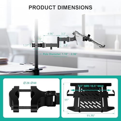 WALI Laptop Pole Mount, Adjustable Laptop Arm Holder Fits 10"-15.6" Laptops, 2-in-1 Full Motion Monitor Mount with Removable Tray, VESA 75x75 or 100x100 mm, Holds up to 15.4lbs(011ARMLPN), Black