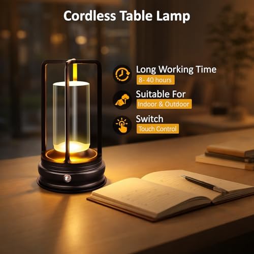 Cordless Table Lamp, Rechargeable LED Desk Lamp with 3 Color Temperatures & Stepless Dimming, Portable Touch Lamp for Bedroom, Bedside, Nightstand, Living Room, Dining Table, Home Office, Black