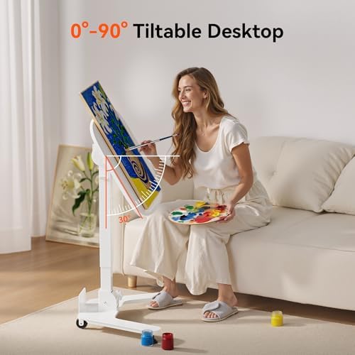 WALKINGDESK Foldable Pneumatic Height Adjustable Mobile Standing Desk with 90° Tiltable Tabletop, 27.2x18.9 Inch Portable Laptop Desk with Wheels, Holds Up to 66.1lbs for Home Office, Study, White