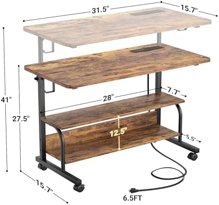 Besiost 32" Height Adjustable Standing Desk with Power Outlets - Manual Rolling Stand Up Desk with Wheels Small Portable Computer Desk Mobile Laptop Table with Storage Shelves for Home Office, Rustic