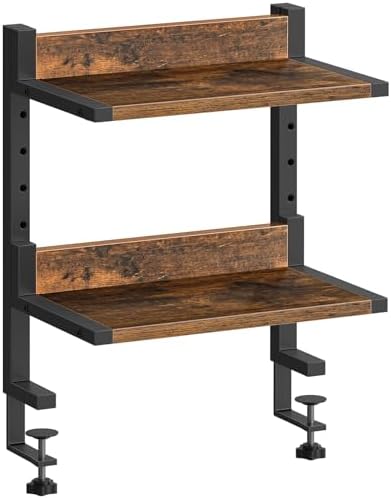 HOOBRO Clamp On Desk Shelf, 2-Tier Desktop Organizer, Space-Saving Desk Shelf with Adjustable Shelves, for Office, Study, Entertainment Accessories, Rustic Brown and Black BF32SJ01