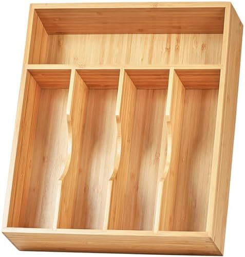 Umilife Bamboo Kitchen Drawer Organizer, 11 Inch Silverware Utensils Tray Holder with Grooved Dividers, 2.4" High Wood Caddy for Flatware Cutlery Knives