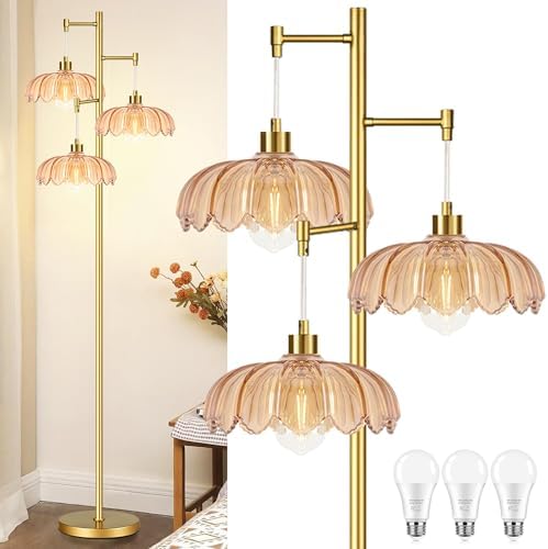 Vintage Floor Lamps for Living Room Bedroom-3 Light Glass Floor Lamp with Three Led Bulb, Flower Tall Floor Lamp Gold Mid Century Modern Standing Lamp Tree Floor Lamps for Living Room Bedroom Corner