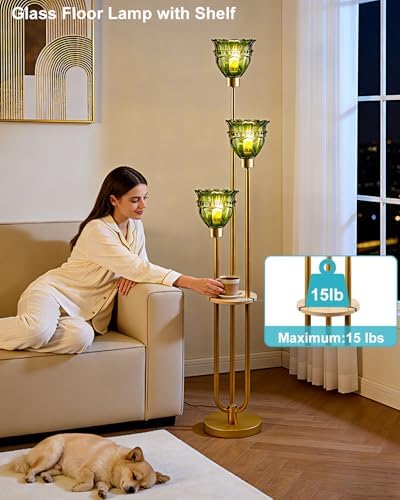 3-Light Green Tulip Glass Floor Lamp with Side Table, Mid Century Modern Gold Tall Standing Lamp, 3000K Warm White Bulbs Included, Vintage Floor Lamp for Living Room Bedroom Sofa Corner Decor