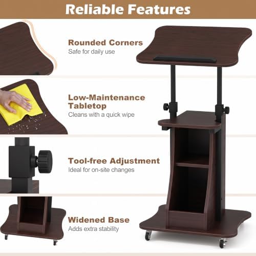 Tangkula Mobile Lectern Podium, Height Adjustable Podium Stand, Sit-to-Stand Desk with Tilting Tabletop & Storage Shelves, Rolling Laptop Cart Desk with Lockable Casters for Home Office School (Brown)