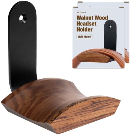 Walnut Wood Headphone Wall Mount, Wide Curved Headband Support (2 Pack)