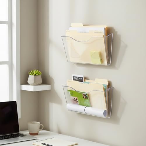 Azar Displays 250080-CLR-2PK Single Pocket Wall Mount File Holder, Clear Acrylic Vertical File Organizer for Office, Home, and School, Clear (2-Pack)