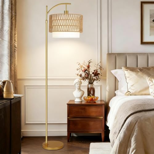 Gold Floor Lamps for Living Room Rattan Boho Floor Lamp with Remote Control & 3 Color Temperature, Dimmable Arc Floor Lamps Wicker Lamp Shades Brass Standing Lamp Tall Floor Lamp For Bedroom Corner