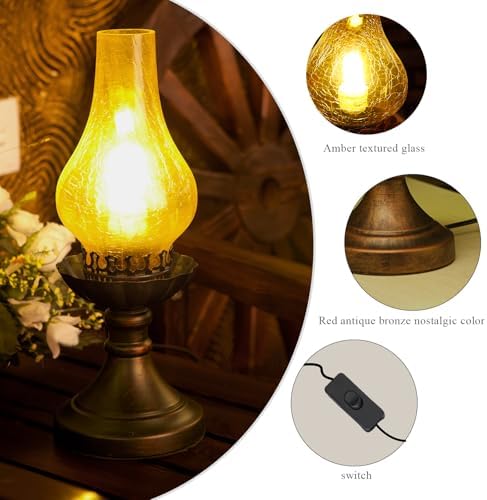 Moroccan Lanterns Vintage Antique Bedside Table Lamp，Victorian Retro Hurricane Amber Glass Desk Lamp-Brown Antique Copper