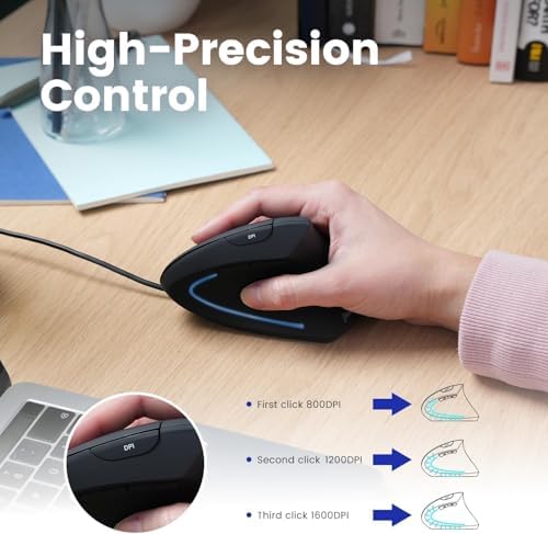 Perixx PERIMICE-513C Wired Vertical USB-C Mouse, 6 Buttons, Adjustable 1000/1600 DPI, Right-Handed, 5.9ft Cable, Black