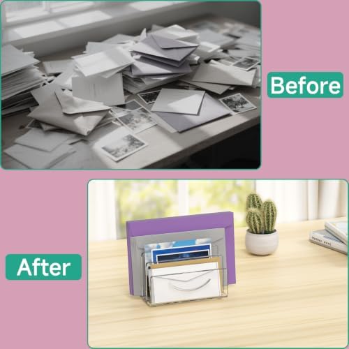 Mail Organizer Envelope Holder - 3 Compartments Clear Acrylic Mail Holder Countertop Home Office Desk Organizer Small File Sorter Vertical Bill Letter Paper Document Storage Rack