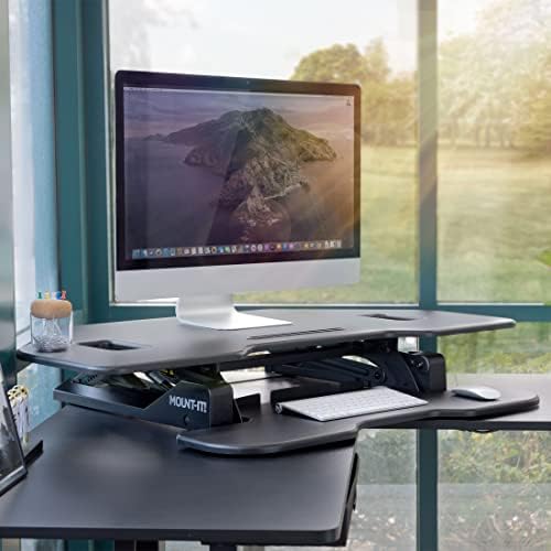 Mount-It! Corner Standing Desk Converter | Height Adjustable 43” Wide Desktop | Corner Stand Up Desk with Gas Spring Handle | Stand Up Computer Workstation with Ergonomic Keyboard Tray | Black