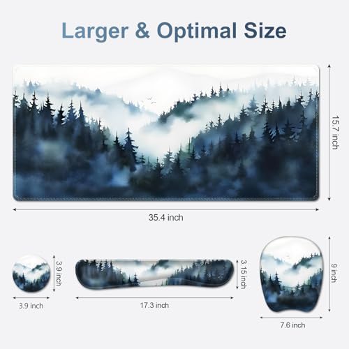 Large Mouse Pad, Keyboard Wrist Rest Set, Ergonomic Mouse Pad with Wrist Support, Desk Mat with Stitched Edges + Coaster, Extended Desk Pad Waterproof Desk Mat for Home Office Game I Misty Forest