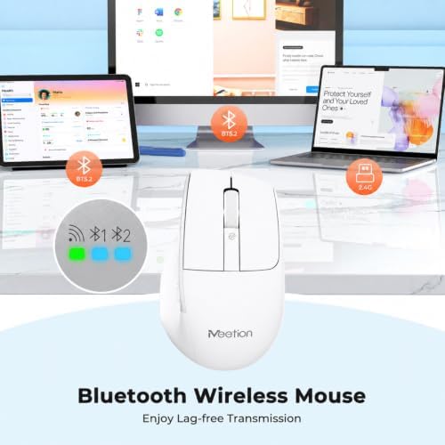 MEETION Wireless Mouse with 5 Side Buttons, Dual Mode Silent, White