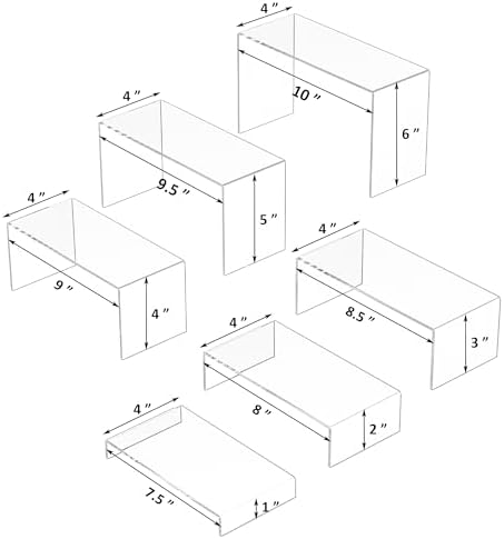 Sezanrpt Acrylic Display Risers 6pcs, Clear Rectangular Display Organizer Stands, Acrylic Display for Funko Pop Figure, Desserts, Cupcake, Toys, Collectibles, Merchandises - 7.5''x8''x8.5''x9''x9.5''x10''