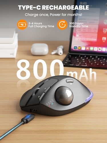 Ergonomic Wireless Trackball Mouse, Rechargeable Adjustable 0°/18° Angle