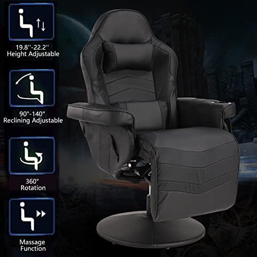 Gaming Chairs for Adults, Reclining Gaming Chair with Footrest, Massage Video Gaming Recliner Chair w/Adjustable Height, Swivel Game Chair with Lumbar Support, Side Pouch