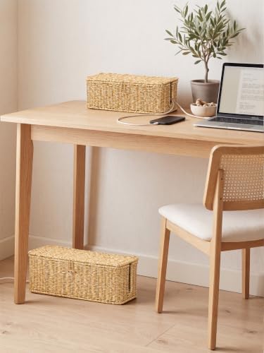Cable Management Box, Cord Organizer with Lid & Cable Ties - Natural Set