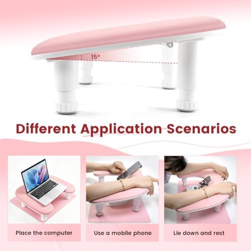 JODSONE U-Shaped Pink Manicure Arm Rest for Nails Tech with Rotating 360°Built-In Phone Holder and Adjustable Nail Arm Rest Detachable Manicure Hand Rest for Salon Design (Includes Pink Nail Mat)
