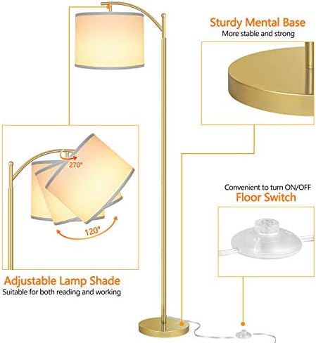 Floor Lamp for Living Room with 3 Color Temperatures LED Bulb, Standing Lamp Tall Industrial Floor Lamp Reading for Bedroom, Office (9W LED Bulb, White Lampshade Included) -Gold