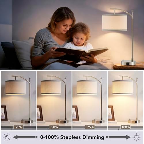 Table Lamp Set of 2, 23.5" Bedside Lamps with USB C+A Ports, Silver