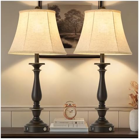 AIDENOEY 28.5" Traditional Table Lamp Set of 2, Rustic Farmhouse Table Lamps for Living Room Bedroom, Bedside Desk Lamps Vintage Nightstand Lamps with Silk Fabric Shades, Oil Rubbed Bronze