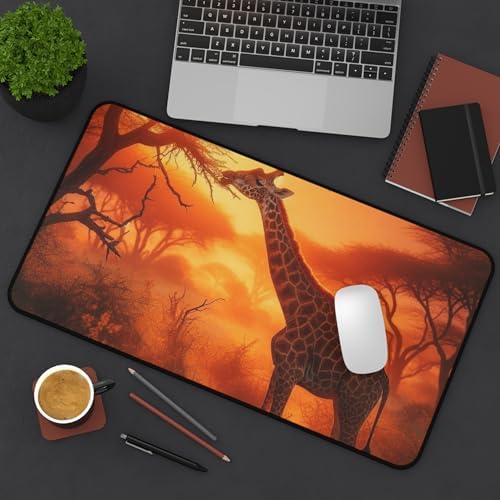 Giraffe Stretching to Nibble Leaves Glowing with Sunset Light - Vibrant Colors Premium Desk Mat
