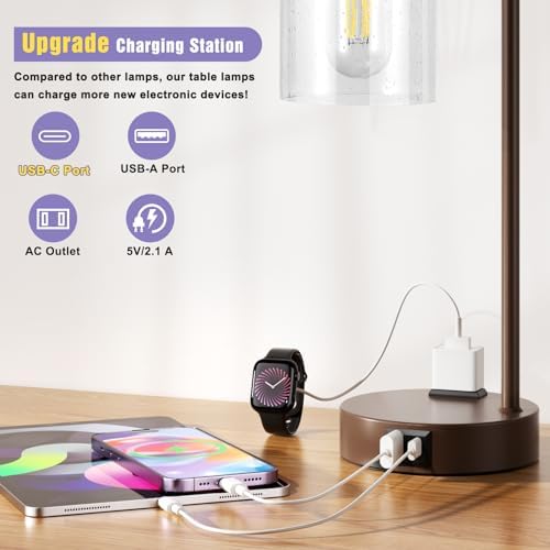 Innqoo Industrial Touch Table Lamps - 3-Way Dimmable Desk Lamps Set of 2 with USB C+A Ports and Outlet, Brown Bedside Lamps with Clear Glass Shade for Living & Bedrooms