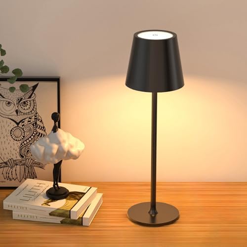 JACKYLED Cordless Table Lamps Rechargeable, 3 Adjustable Height, 5000 Capacity Operated, 3 Colors Smooth Dimming, Portable LED Waterproof Table Lamp for Dining, Bedroom, Outdoor- Black