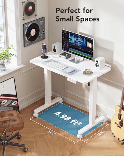 HUANUO Electric Small Standing Desk, Whole Piece Desktop, Adjustable Height Computer Desk, 4 Height Memory Settings, Sit Stand Up Desk for Home Office, 35" x 24", White