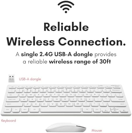 Macally White Wireless Keyboard and Mouse Combo - Quiet Productivity Duo - 2.4G Small Keyboard and Mouse Wireless - 78 Key Quiet Cordless Compact Mouse and Keyboard Combo with Mini Body