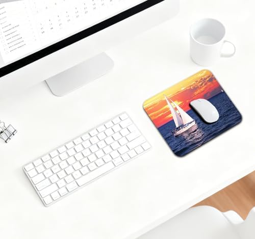9.5x7.9 Inch Office/Gaming Mouse Pad, Nautical Sailboat on Expansive Ocean Serene Voyage at Sunset Colored Sky Tranquil Horizon Scenery, Cute Anti-Slip Mat for Desk Decor