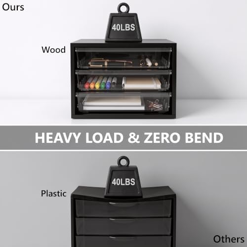 WOPITUES Wooden Desk Organizer with 3 Drawers & a Total of 5 Dividers,Black