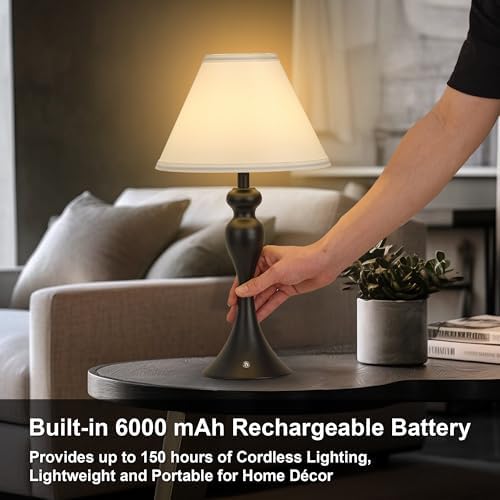 Cordless Table Lamp Rechargeable, Battery Night Light Fabric Shade, Black
